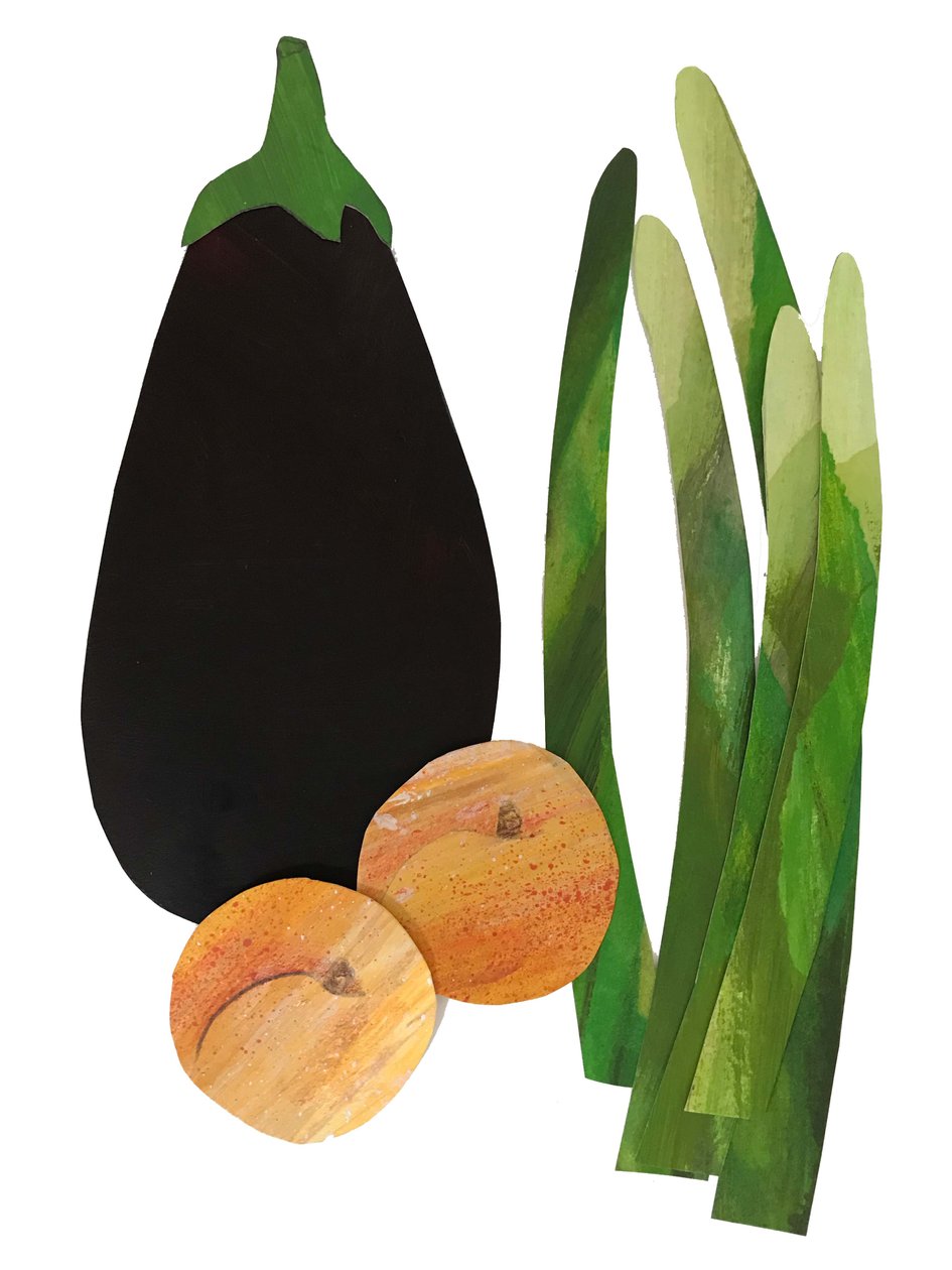 asparagus, apricots,aubergine,2019 (collage) 作者 莎拉·汤普森·恩格斯