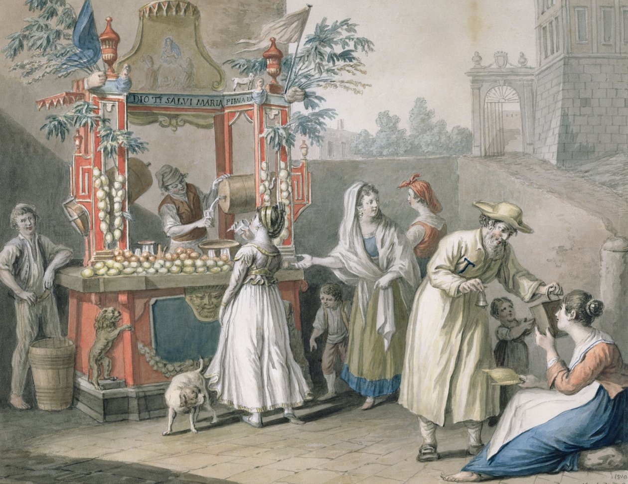 饮料摊位（L&39;Acquaiolo），1819年（铅笔和wc） 作者 Saviero Xavier della Gatta