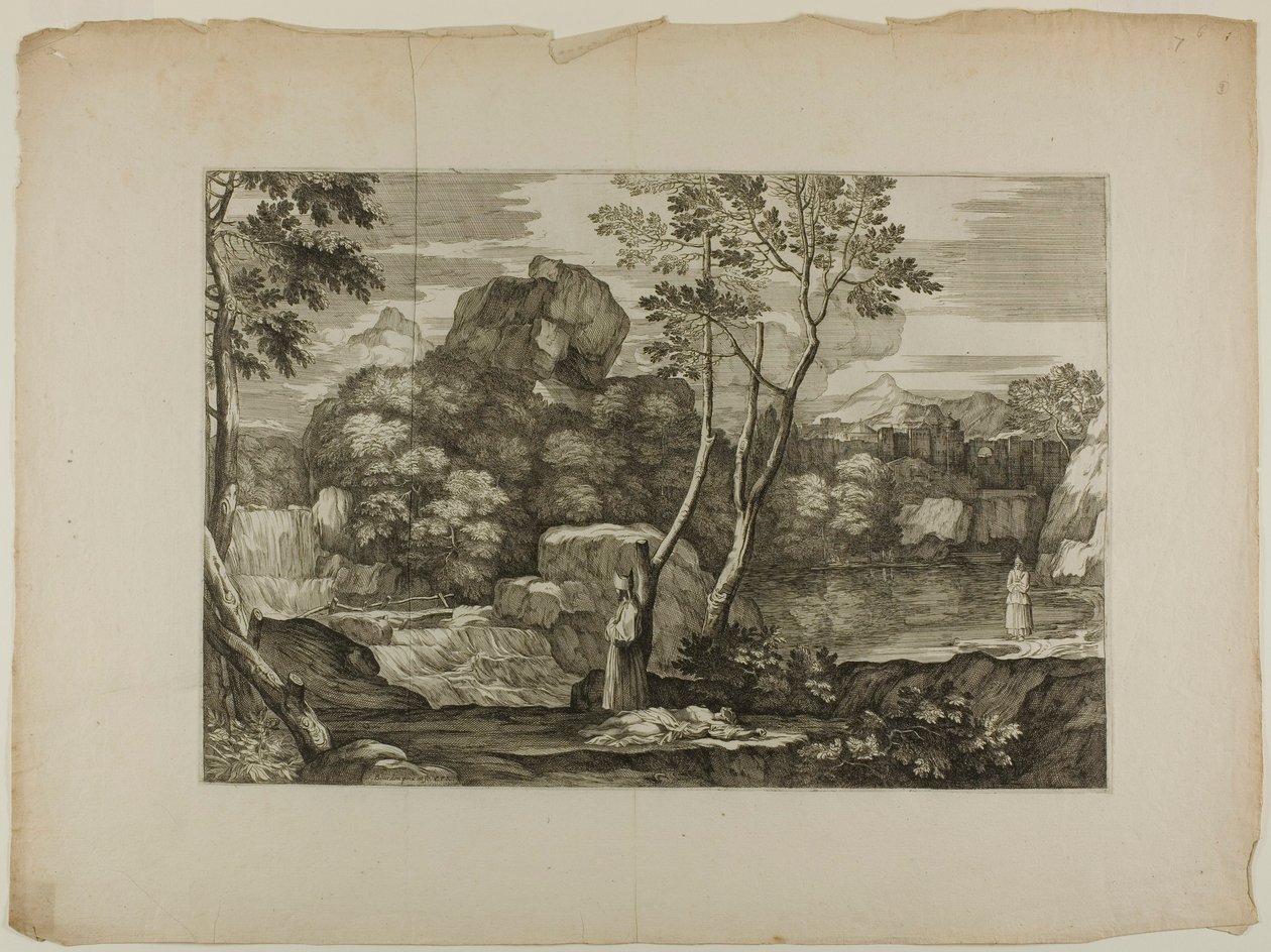 有一个死人和两个牧师的风景画 作者 塞巴斯蒂安·波登（Sebastien Bourdon）