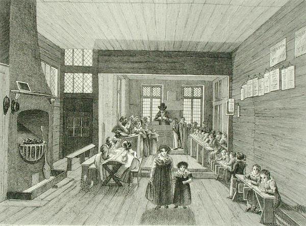 学校的内部视图与南湖的Zoar街的John Bunyans会议室相连，由Dale刻，1822年（另见192751） 作者 Schnibbelee之后Schnibbelee之后