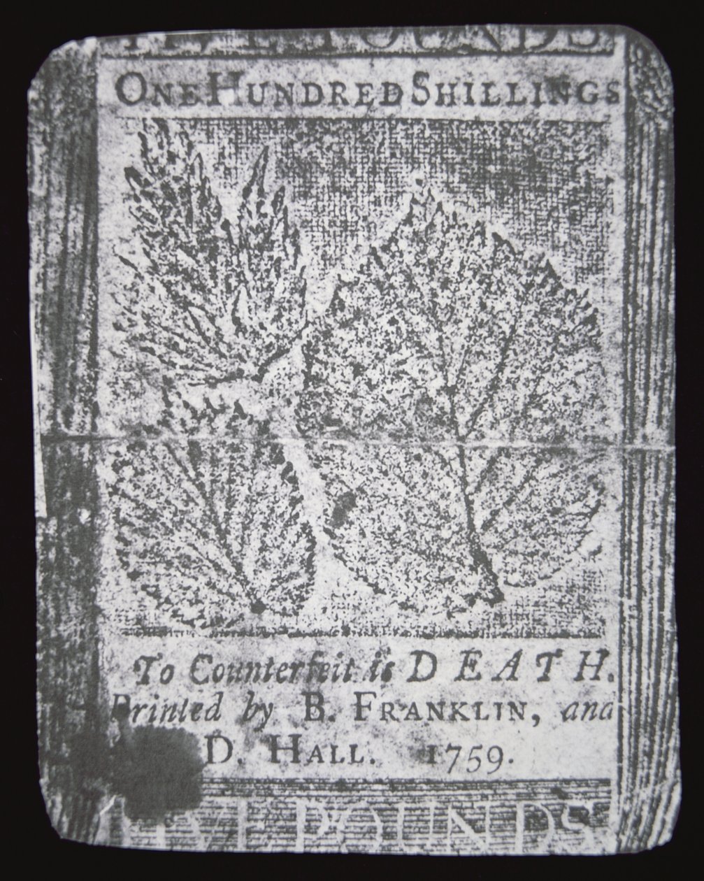 本杰明·富兰克林于 1759 年设计和印刷的 100 先令纸币（石版印刷） 作者 美国学校