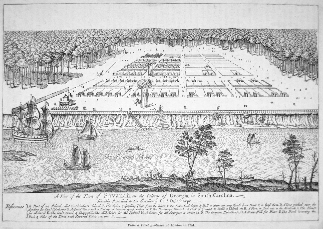 1741 年佐治亚州萨凡纳的景色（石版画） 作者 美国学校