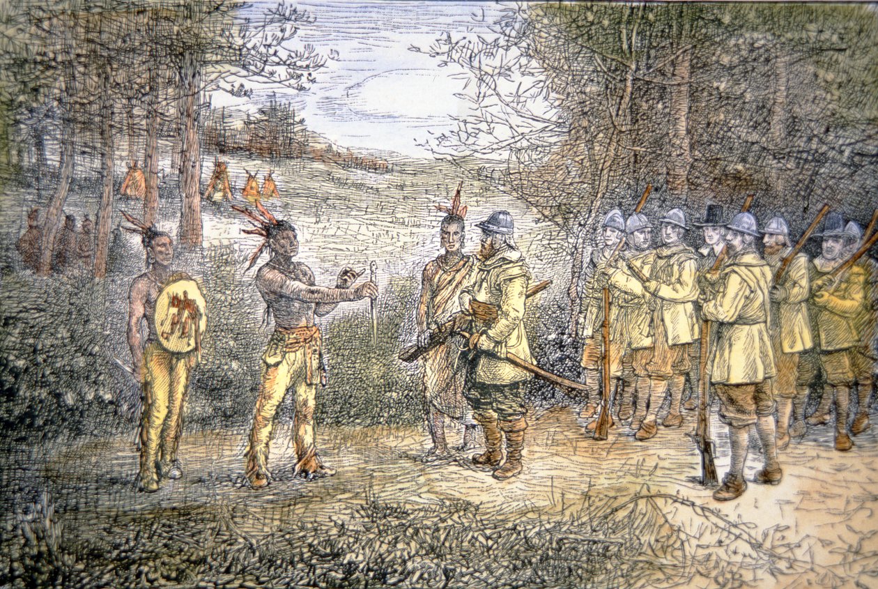 1621年Miles Standish船长与Wampanoag印第安人进行交易（彩色平印）。 作者 美国学校