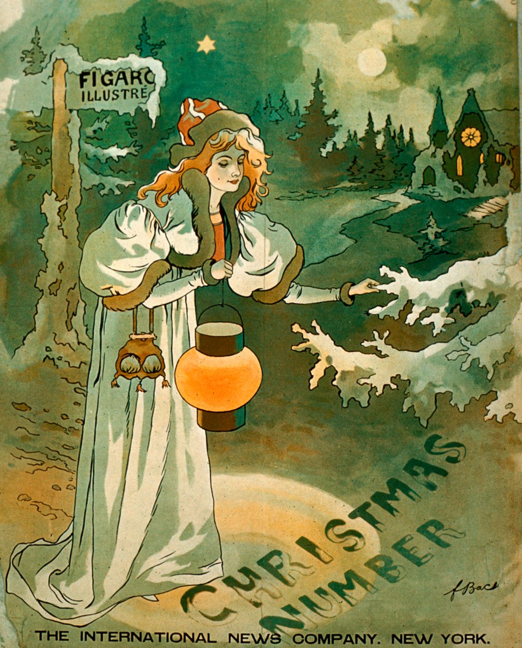 Christmas Poster with a woman holding a lantern in front of a snow covered cottage (lithograph) 作者 美国学校