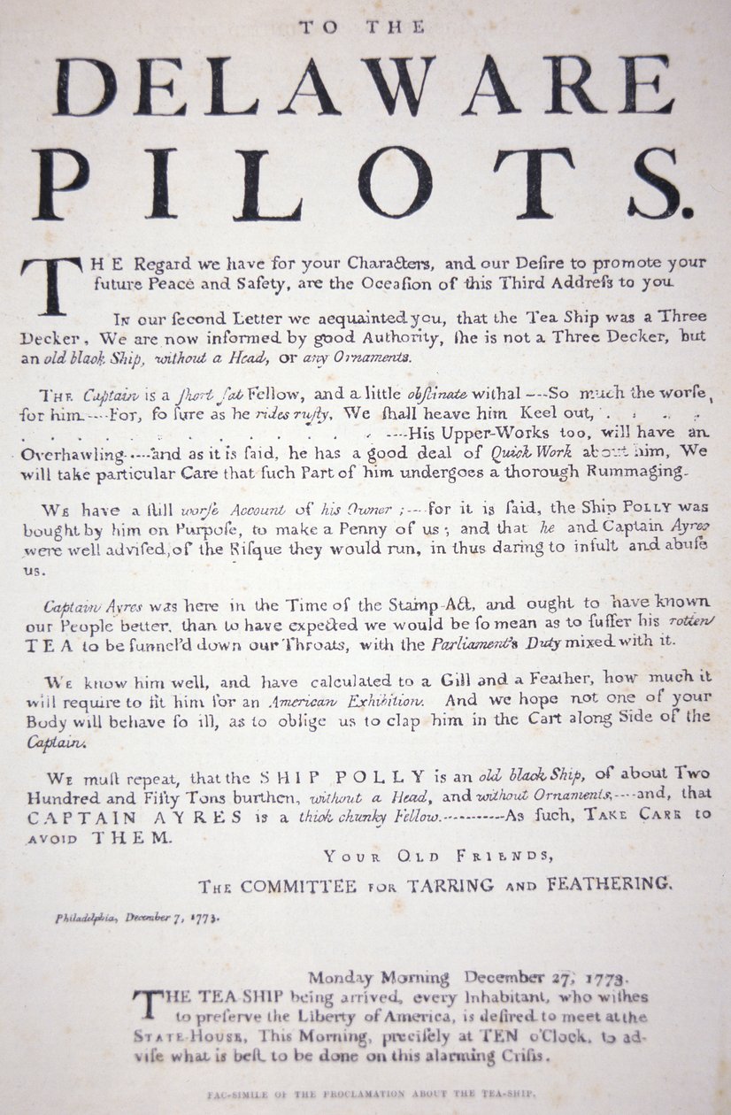 1773年12月7日，费城爱国者向特拉华州飞行员发出的公告的传真，警告他们不要与英国茶船打交道（平板）。 作者 美国学校