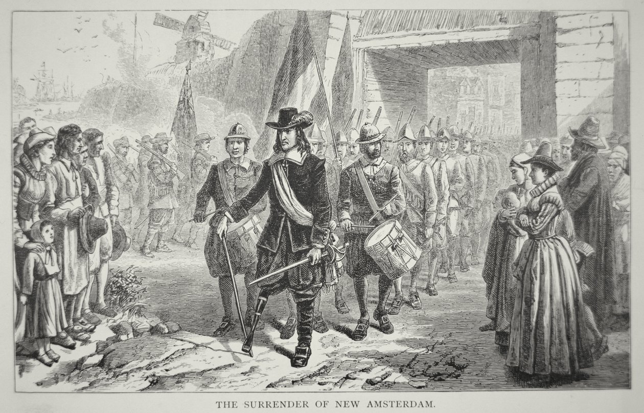 1664 年，总督 Peter Stuyvesant 将新阿姆斯特丹交给英国人（石版画） 作者 美国学校