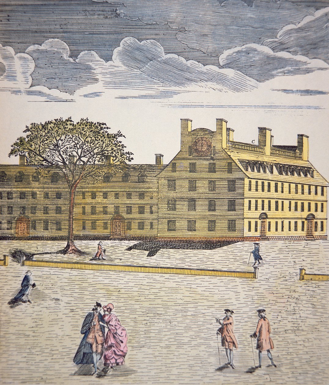 马萨诸塞州剑桥市哈佛学院 c.1740（彩色石版画） 作者 美国学校