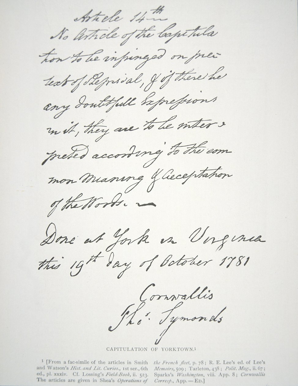 康沃利斯勋爵签署的《约克镇投降书》（Letter of Capitulation of Yorktown）。 作者 美国学校