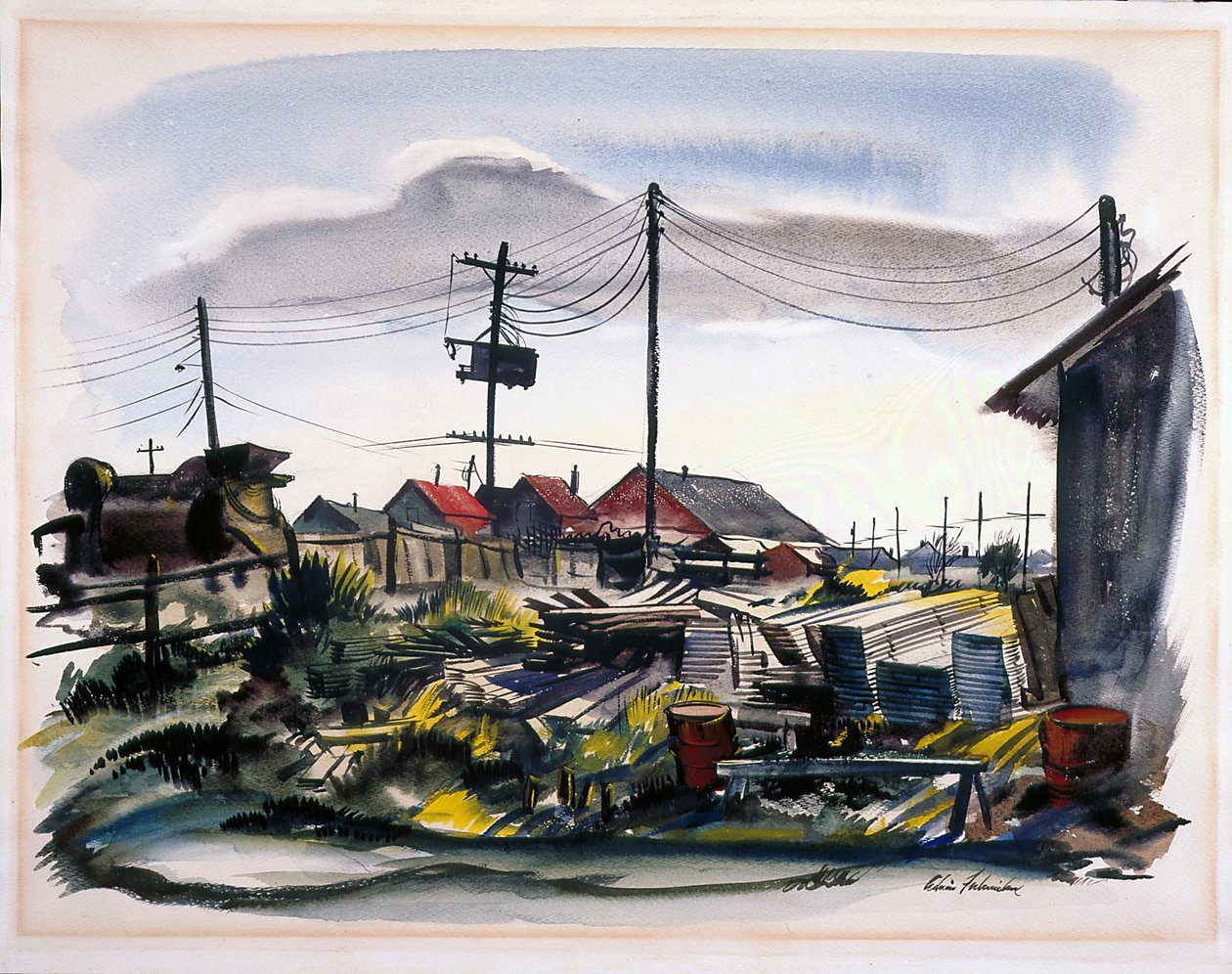伐木营（灰白色纸上的水彩画） 作者 美国学校