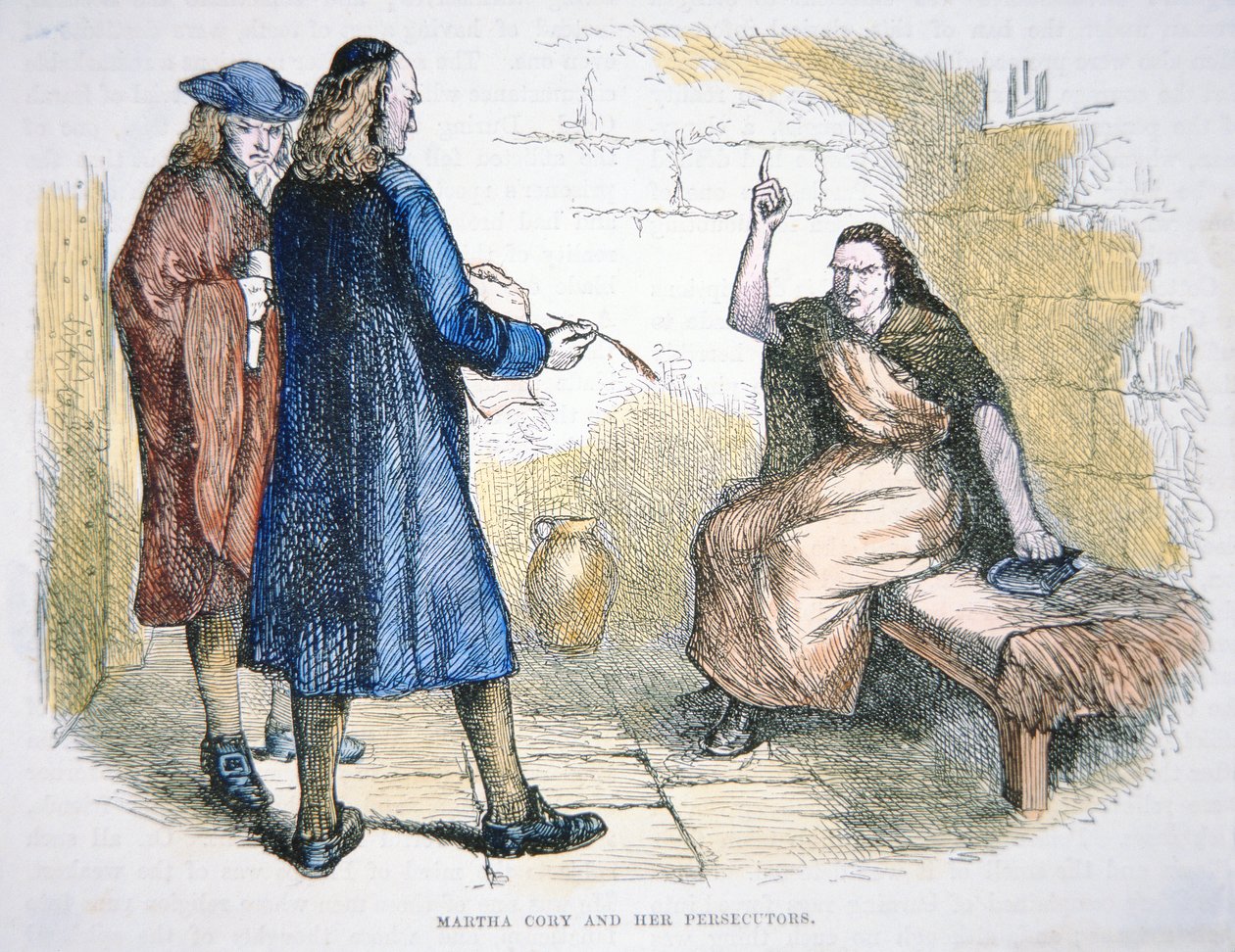 在1692年的塞勒姆女巫审判中，玛莎-科里被指控实施了巫术（彩色平版印刷）。 作者 美国学校