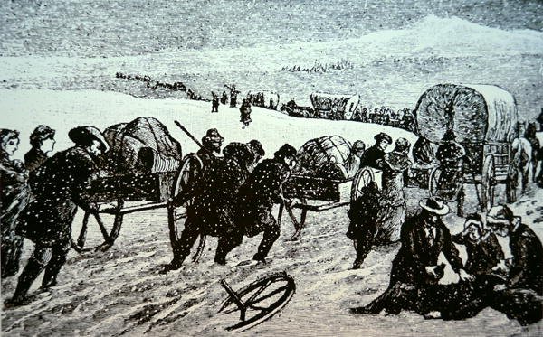 在暴风雪中驶向犹他州盐湖城的摩门教马车（雕版画） 作者 美国学校