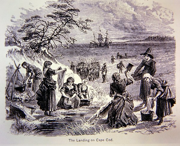Pilgrim Fathers于1620年登陆美国--在科德角登陆，显示妇女在工作（平版）。 作者 美国学校