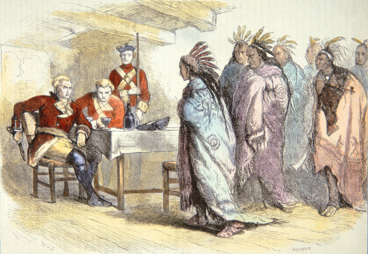 1763年，庞蒂亚克在底特律堡拜访格拉德温少校（彩色平印）。 作者 美国学校