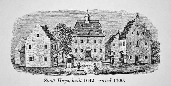 新阿姆斯特丹（纽约）的荷兰Stadt Huys，建于1642年，1700年被夷为平地（石印）。 作者 美国学校