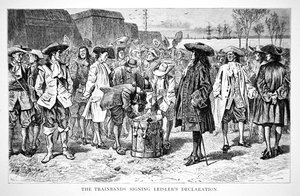 1689年，Trainbands在Leisler的宣言上签字（雕刻）。 作者 美国学校
