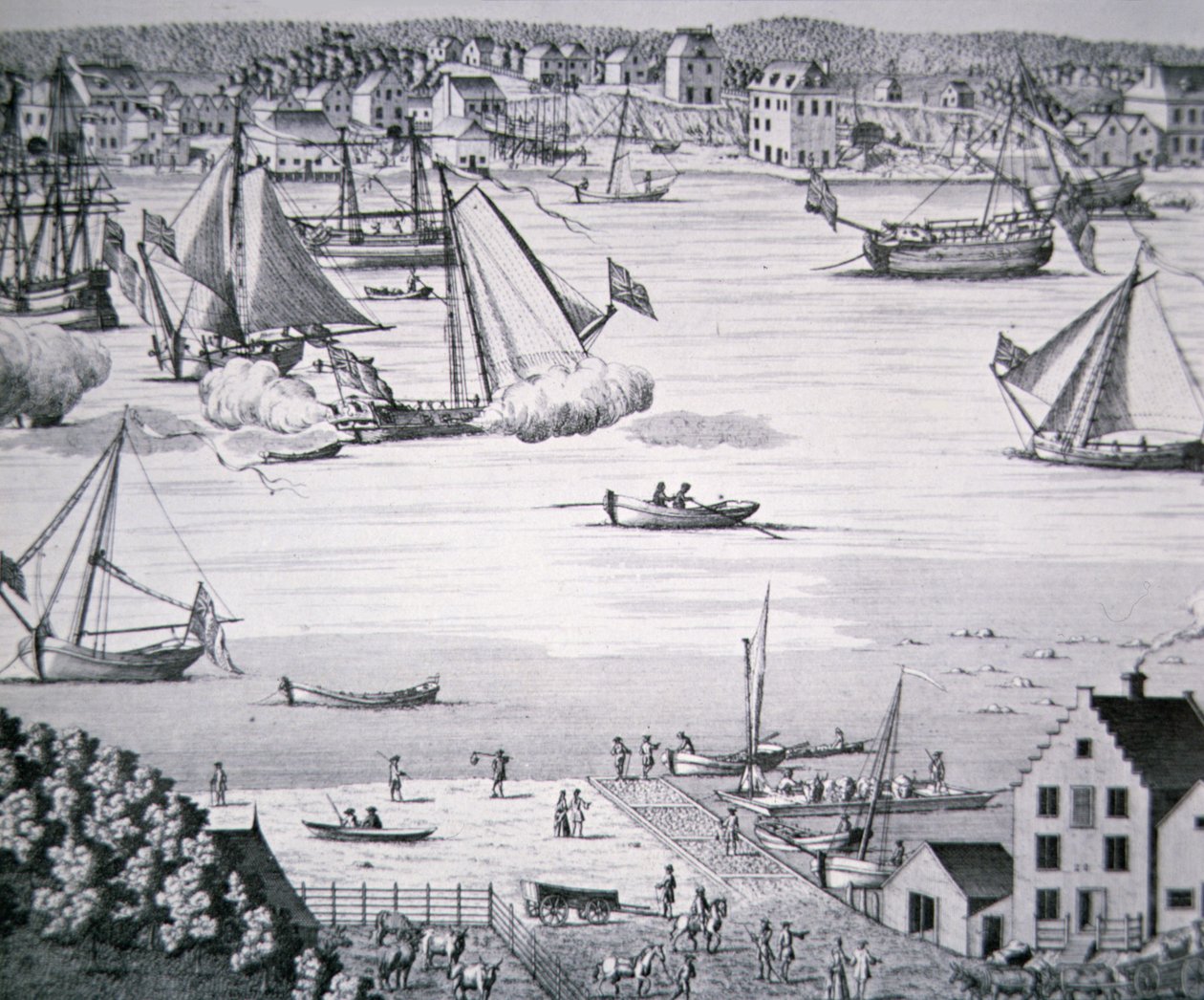 纽约东河景观，约1750年，有一个造船中心（石印）。 作者 美国学校