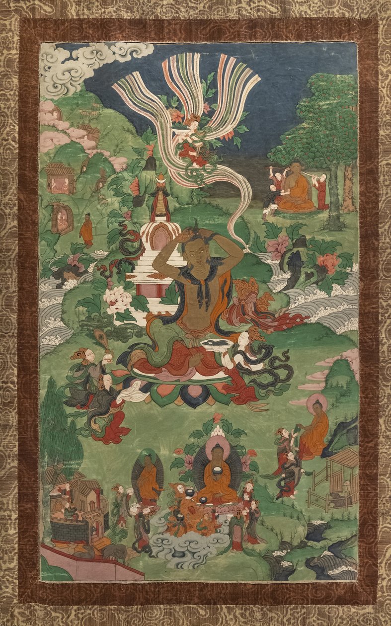 理发和其他场景。唐卡，选自佛陀生平主要故事的续集。 作者 亚洲学校