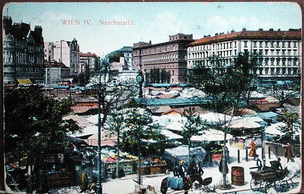 描绘维也纳Naschmarkt（食品市场）的明信片，约1915年（彩色平印）。 作者 奥地利学派