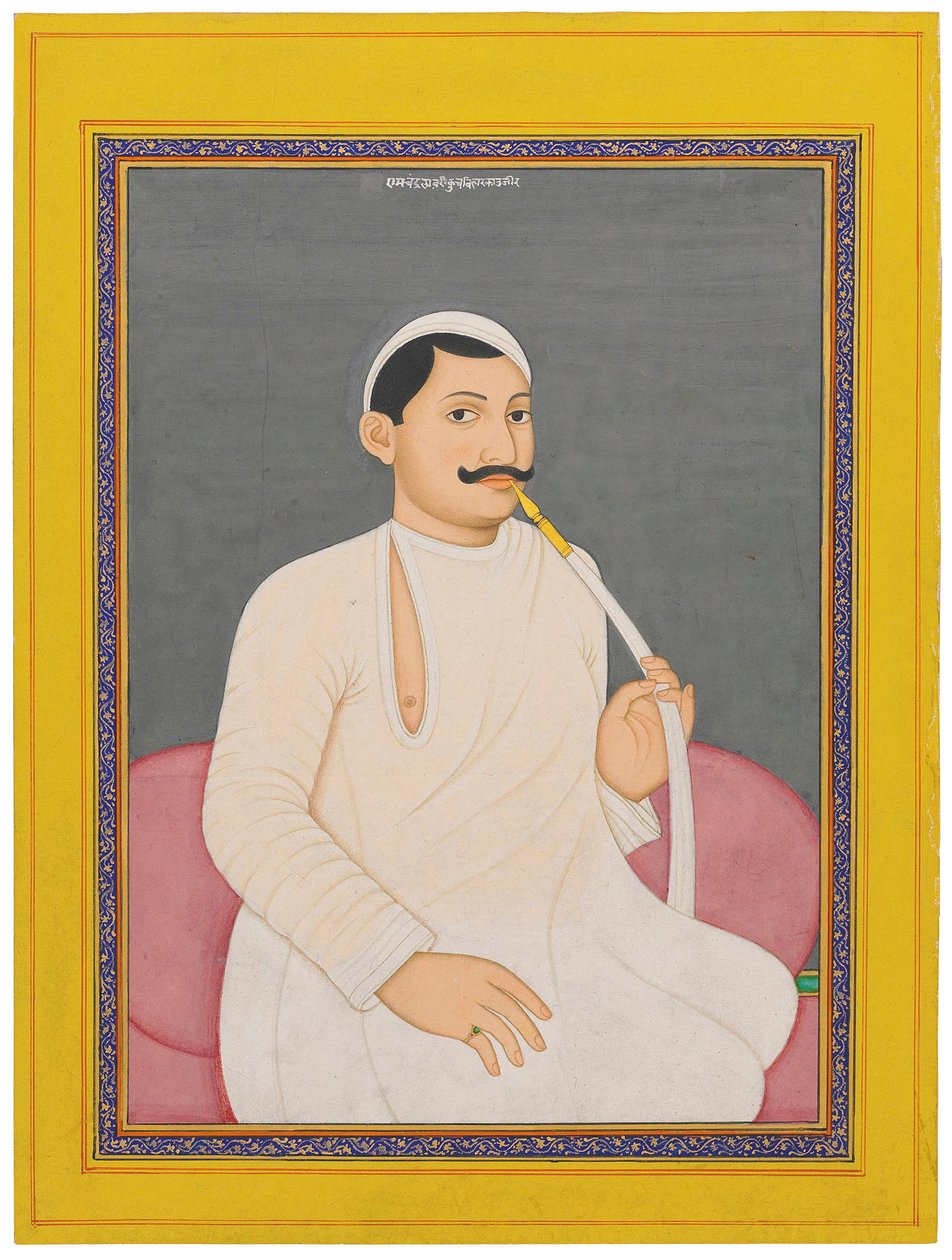 拉姆·钱德拉·拉希里 (Ram Chandra Lahiri) 的坐像，库奇·贝瓦尔 (Cooch Bewar) 的德万 (1829 - 1842 年，约 1840 年)（不透明颜料在纸上用金色增强效果） 作者 学校孟加拉语