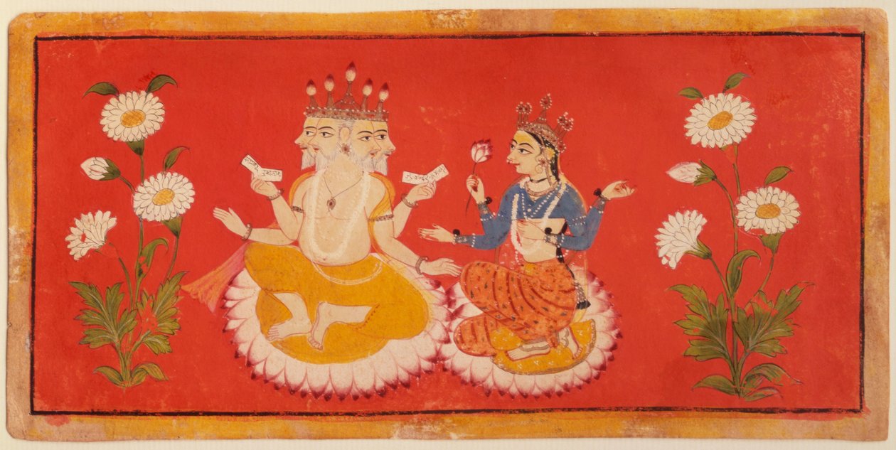 梵天与 Saraswati 坐在一起，梵天手持《四吠陀》，Saraswati 手持莲花瓣，约 1650 年（水粉画） 作者 学校班迪