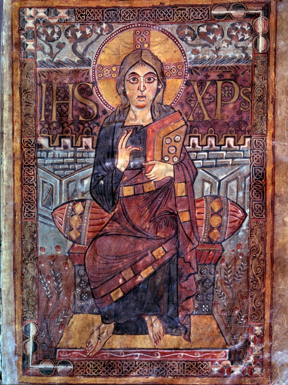 卡洛林王朝的艺术。威严中的基督（荣耀）。来自 "Evangeliaire de Godescalc, Ecole du Palais de Charlemagne "手稿的缩影（对开页3），Godescalc从Saint-Sernin de Toulouse的tresor复制，卢浮宫图书馆，781-783。BN, 巴黎 作者 加洛林人学校