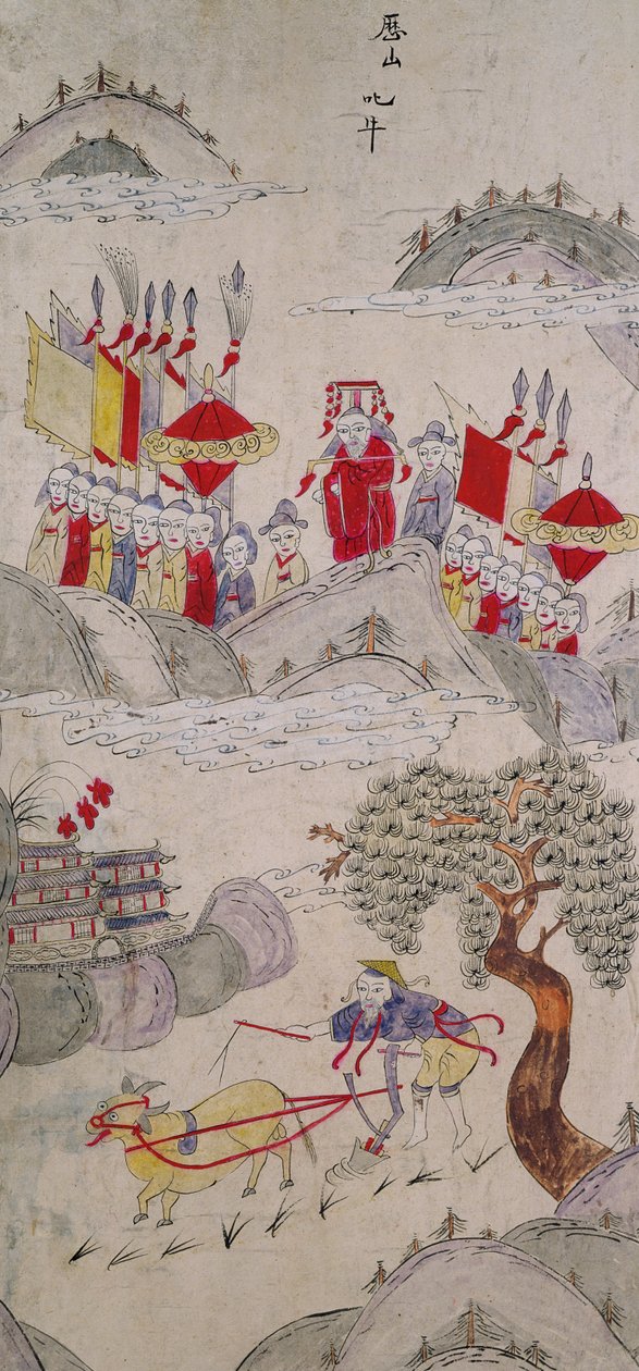 描绘中国名人故事的八折屏风中的一块屏风（纸面天然颜料） 作者 学校中文