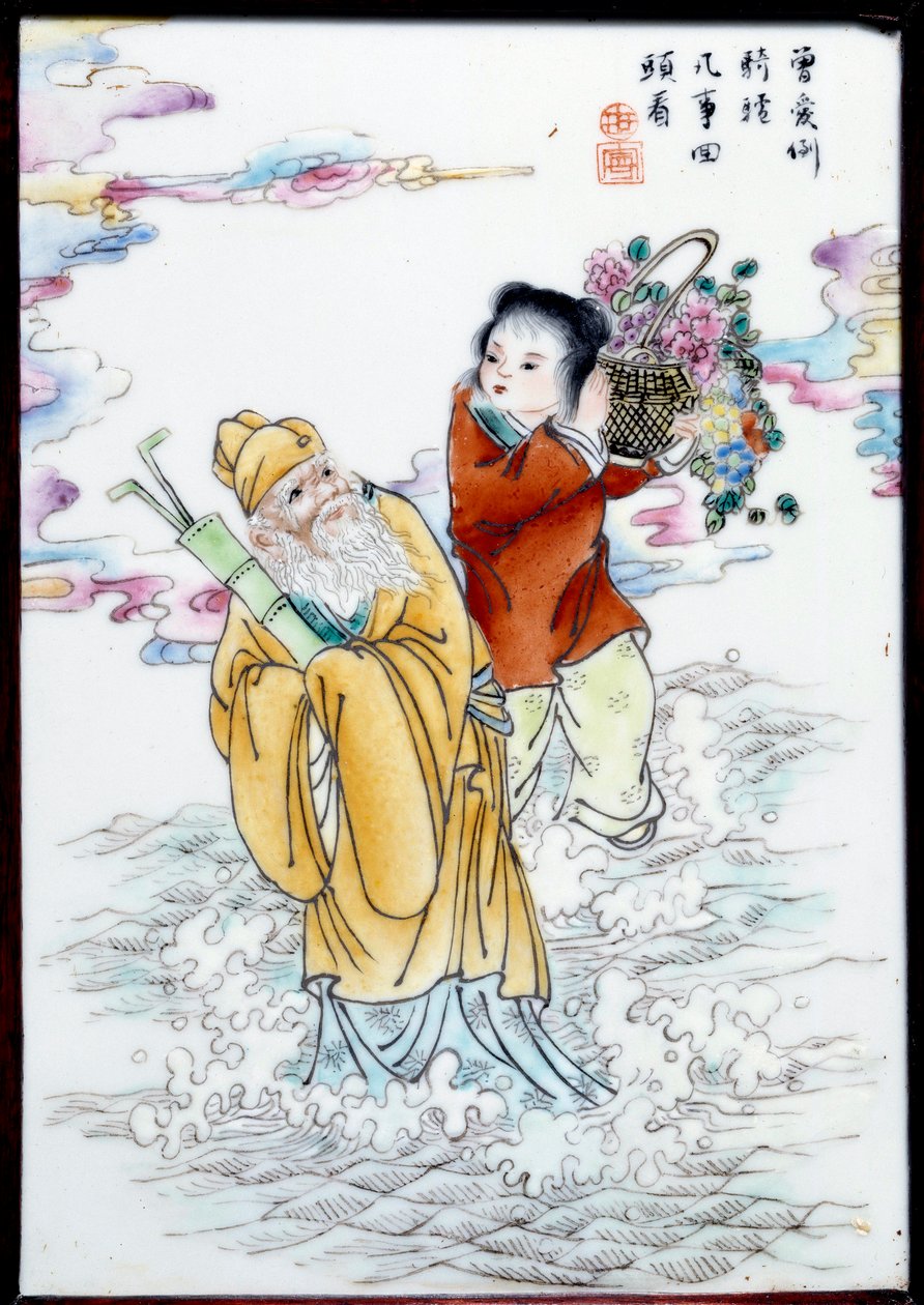 春天的寓言 一个女人拿着一篮花，一个老人在浪花中行走。 无名瓷器绘画，中国 作者 学校中文