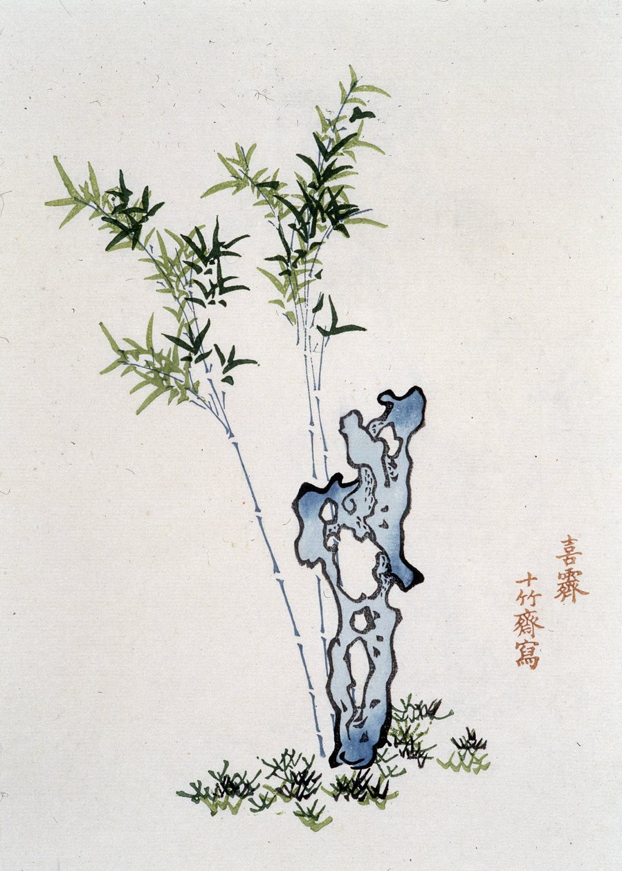 中国风景。岩石和竹子--中国印刷品，有编号。 作者 学校中文