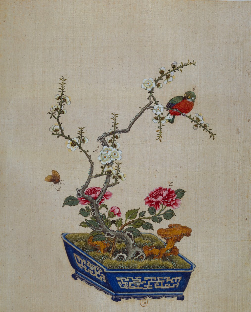 中国艺术：花鸟（盆栽）。 18世纪丝绸画。 巴黎，B.N. 作者 学校中文