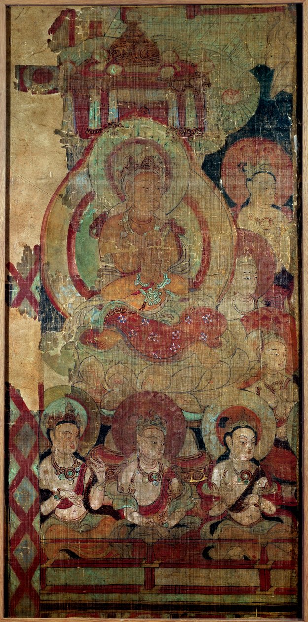 中国艺术：菩萨群（或菩萨）。 丝绸画。 10 世纪王朝 Touen Houang，巴黎吉美亚洲人艺术博物馆。 作者 学校中文