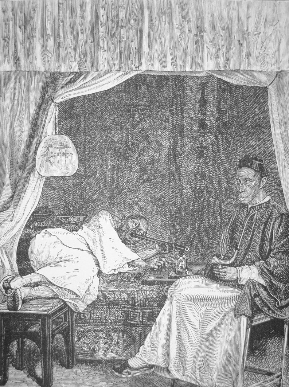 中国吸食鸦片的人，1875 年的版画（石版画） 作者 学校中文