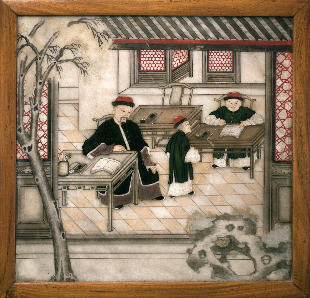 大理石装饰板，表现字母在其柜子里的情况。彩绘大理石，清朝（1644-1911），中国艺术。拉罗谢尔的奥尔比尼-贝尔农博物馆。 作者 学校中文