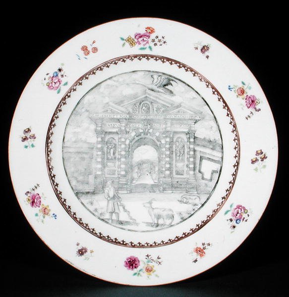 乾隆时期(1736-95)，以玫瑰花纹珐琅彩装饰的晚餐盘，描绘雅各布-博巴特(1599-1680)与一只山羊和一只狗的图案(瓷器) 作者 学校中文