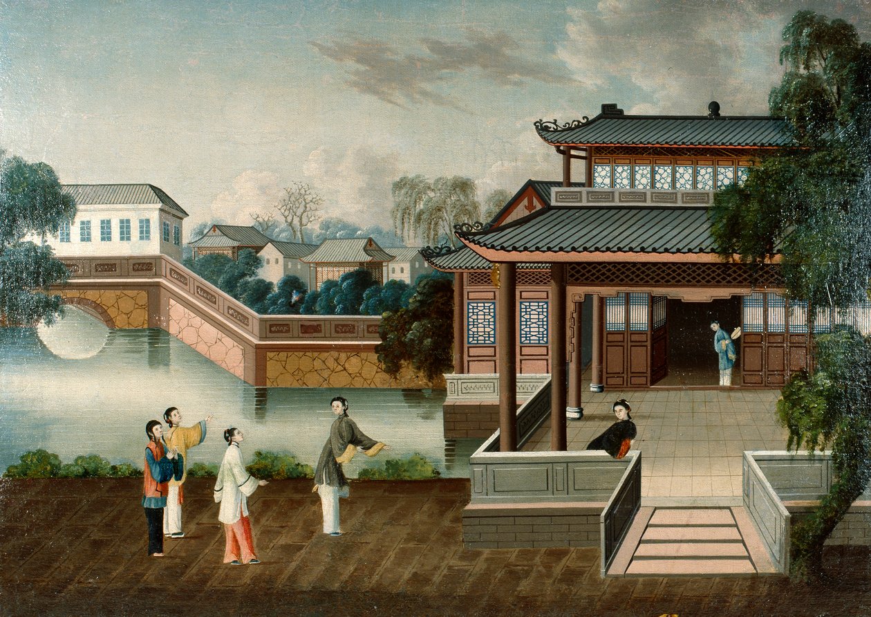 约 1800 年，走近河畔豪宅的人物（布面油画） 作者 学校中文