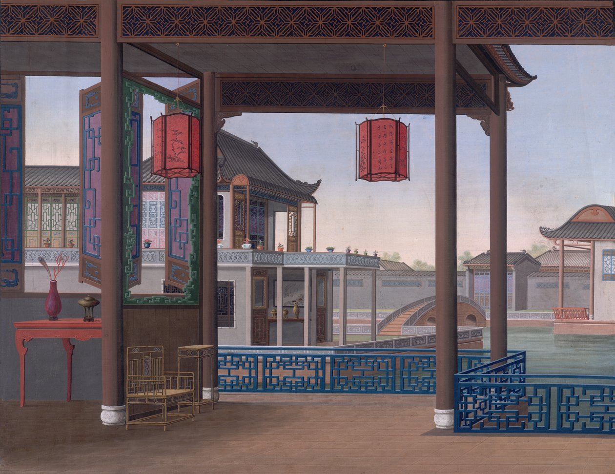 中国官员之家，约 1800-05 年（纸面不透明水彩画） 作者 学校中文