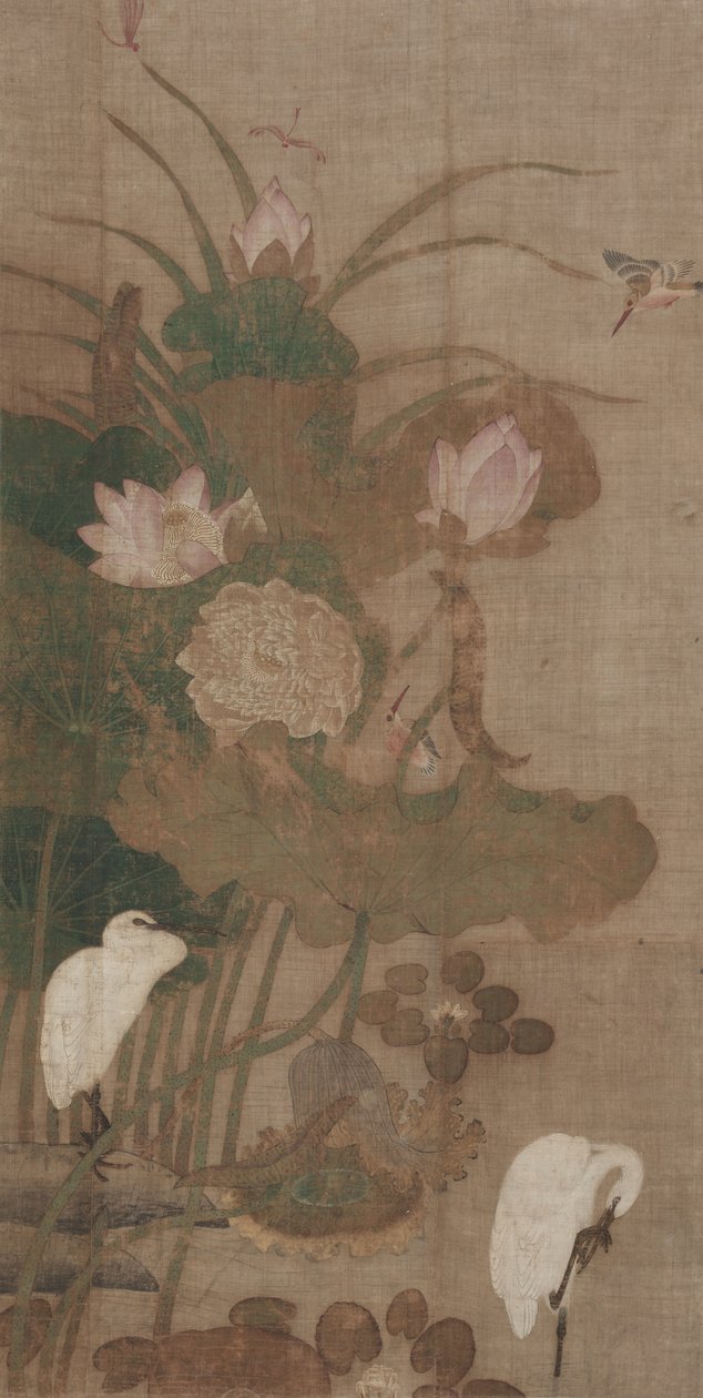 荷花，昆虫和鸟类，吊轴 作者 学校中文