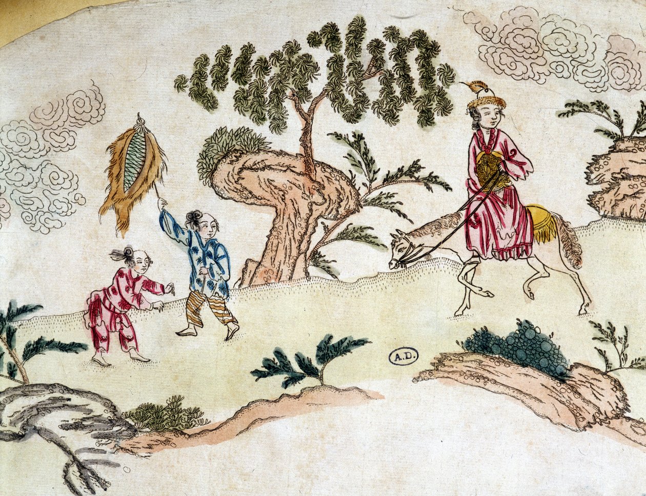 骑马的贵族妇女和玩风筝的儿童 - 中国版画，约1800年 作者 学校中文
