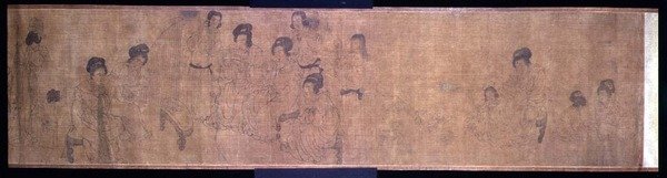 宫廷妇女休闲手卷，妇女制作音乐的细节，根据周文瑄（fl.970）的原作，南宋时期，约1140（墨水和颜料在丝绸上）（见114251）。 作者 学校中文