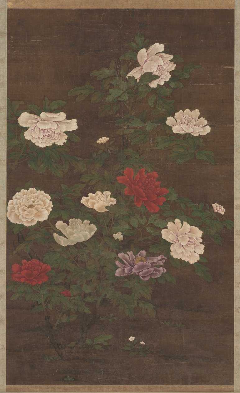 牡丹，挂轴，1200年代后期（挂轴，丝绸上的墨水和彩色） 作者 学校中文