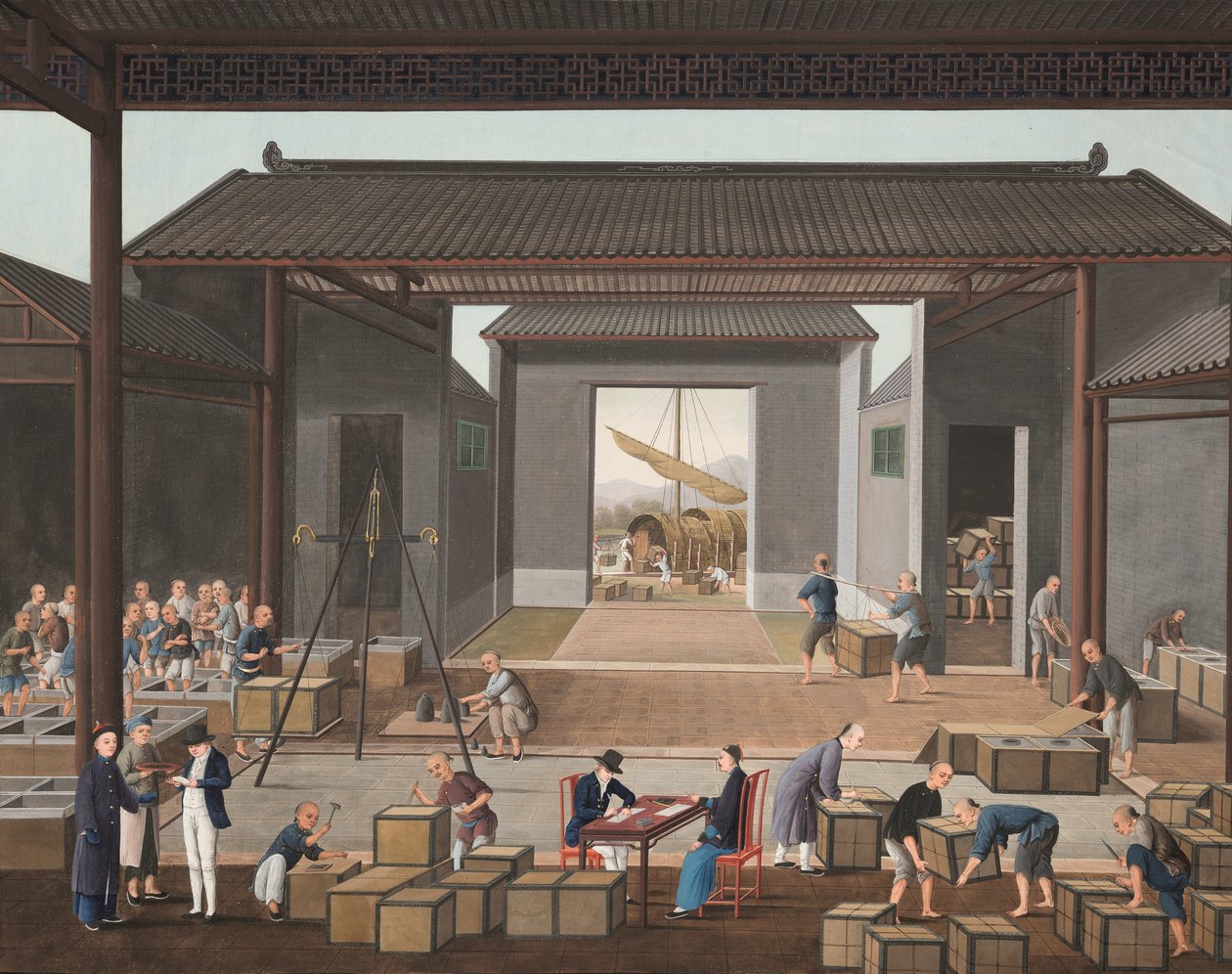 茶叶生产，约 1820 年（绢上体彩和金彩，铺在纸上） 作者 学校中文