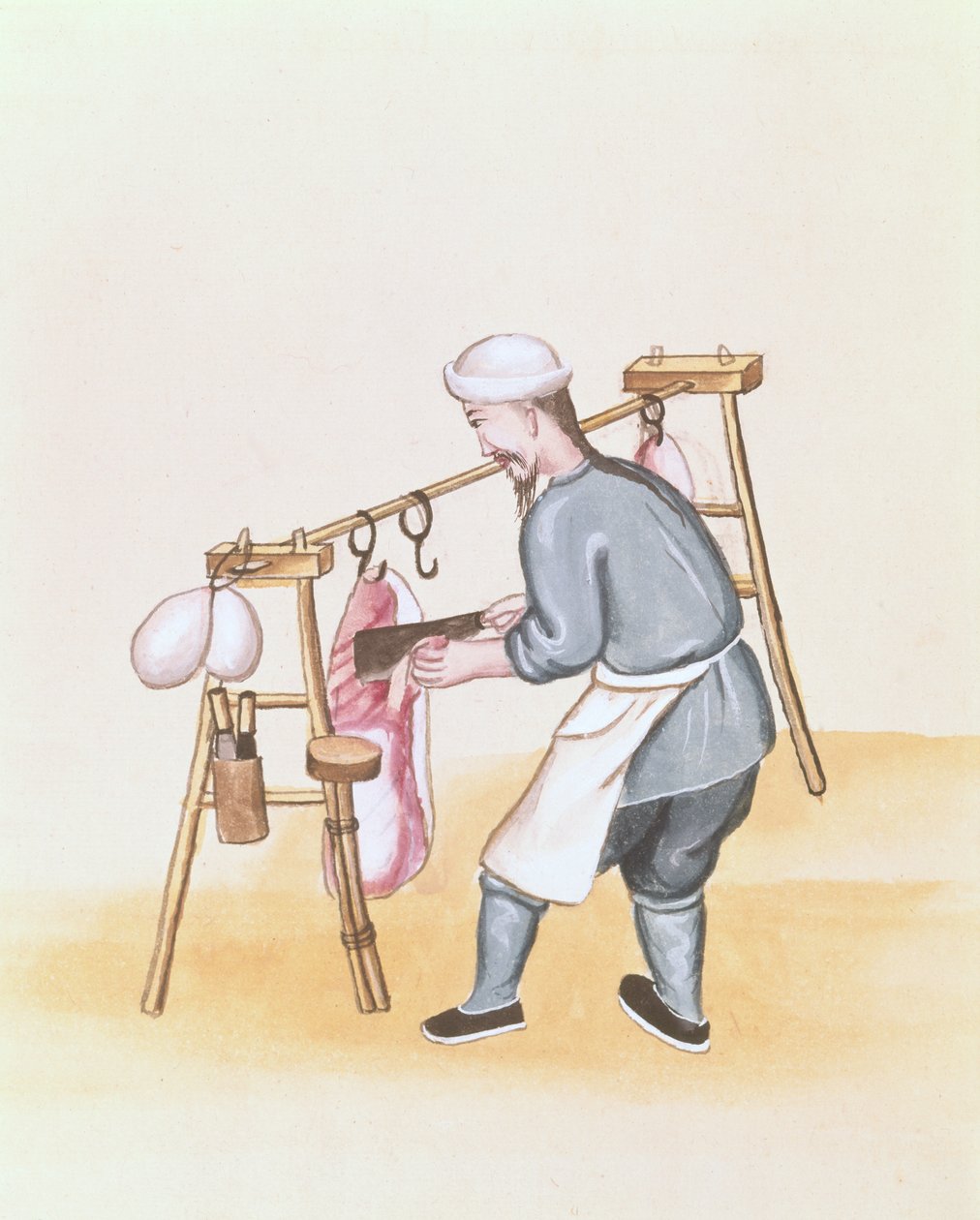 卖肉的，来自一本关于北京街头电话的书，约1785年（纸上水彩和水粉）。 作者 学校中文