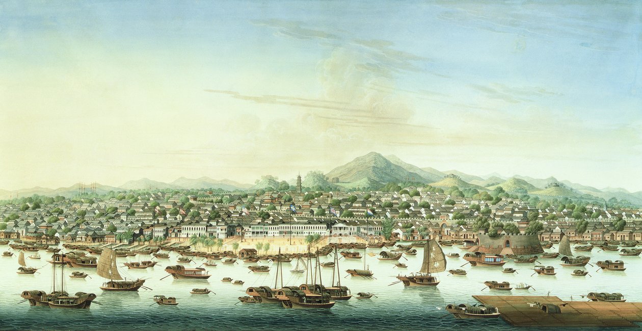 广州景色，约 1800 年（纸面水彩和水粉画） 作者 学校中文