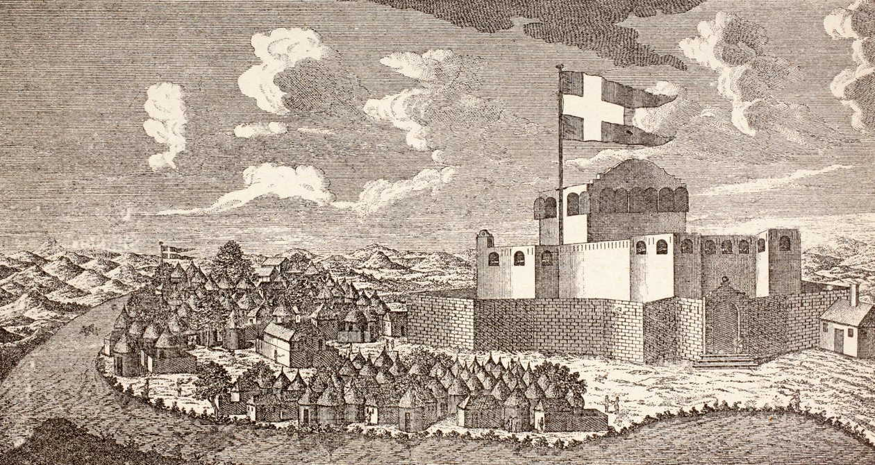 加纳宁戈的丹麦殖民要塞弗雷登斯堡，1760 年的样子，摘自《Afrika, dets Opdagelse, Erobring og Kolonisation》，1901 年在哥本哈根出版（平版）。 作者 学校丹麦语