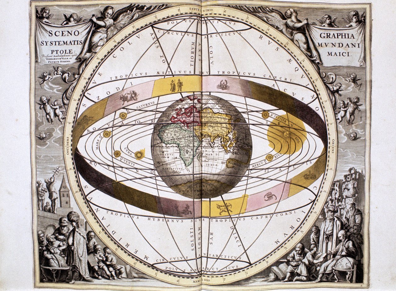 托勒密，地心说，以地球为中心的宇宙体系，显示太阳、月亮和行星的位置，摘自阿姆斯特丹 Andreas Cellarius 的《Harmonia Macrocosmica》。 作者 荷兰语学校