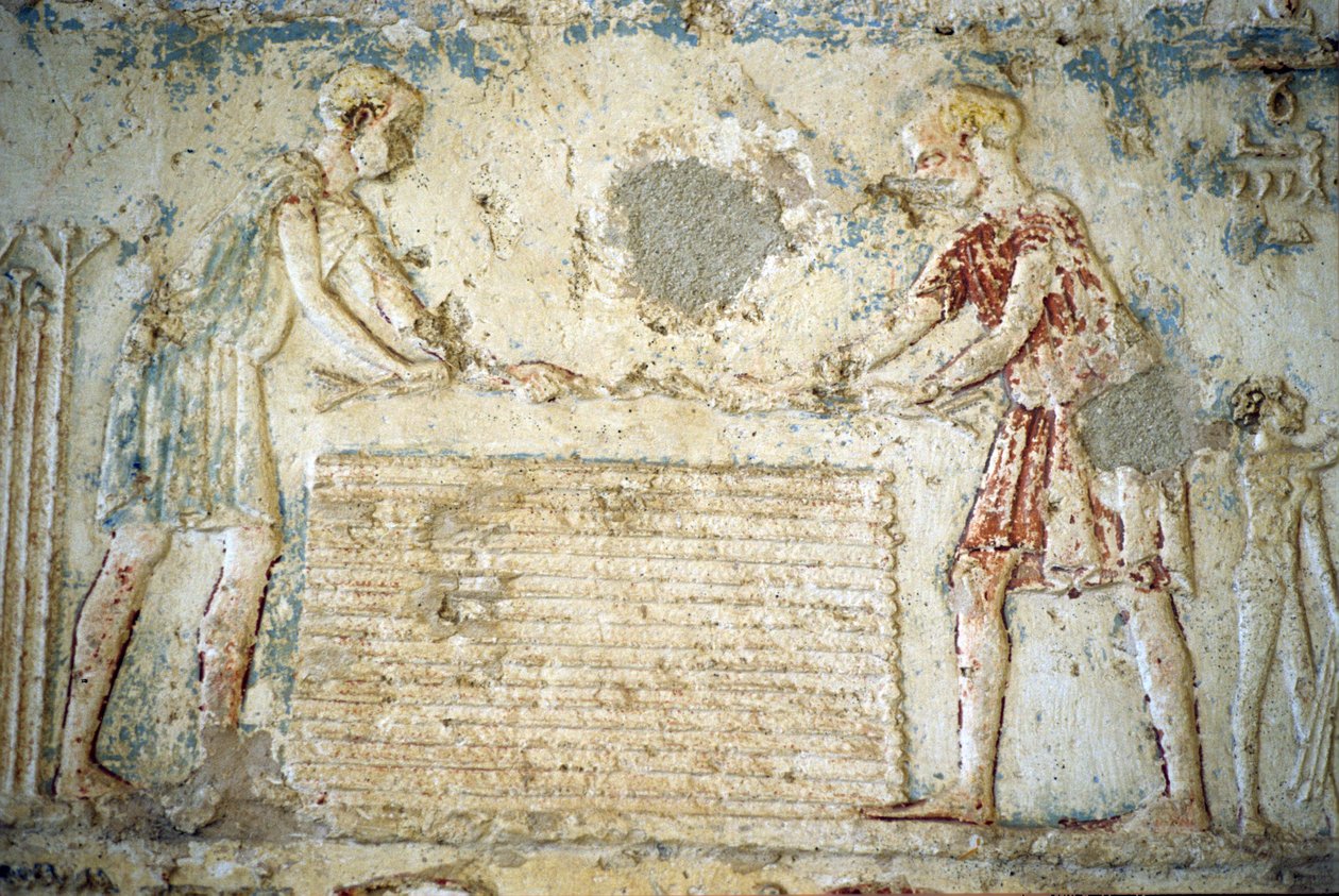 公元前 300 年，古埃及，壁雕/绘画，佩托西里斯墓，图纳埃尔吉贝尔，亚麻收获（照片） 作者 埃及学校