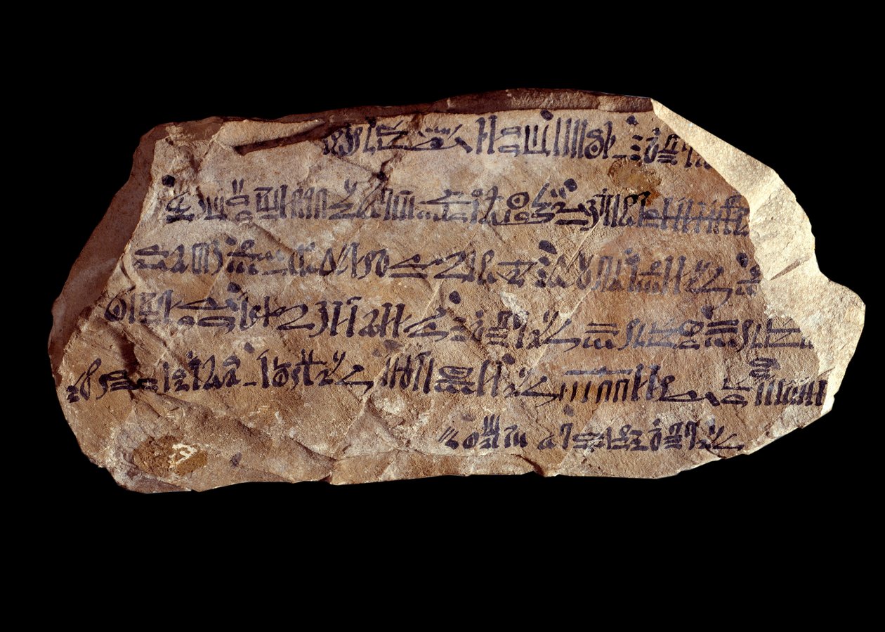 古埃及艺术：Ostrakon（或Ostracon）（复数：Ostraca或Ostraka） hieratic（陶器碎片，上面写着圣物）。埃及的新帝国。巴黎，卢浮宫博物馆 作者 埃及学校