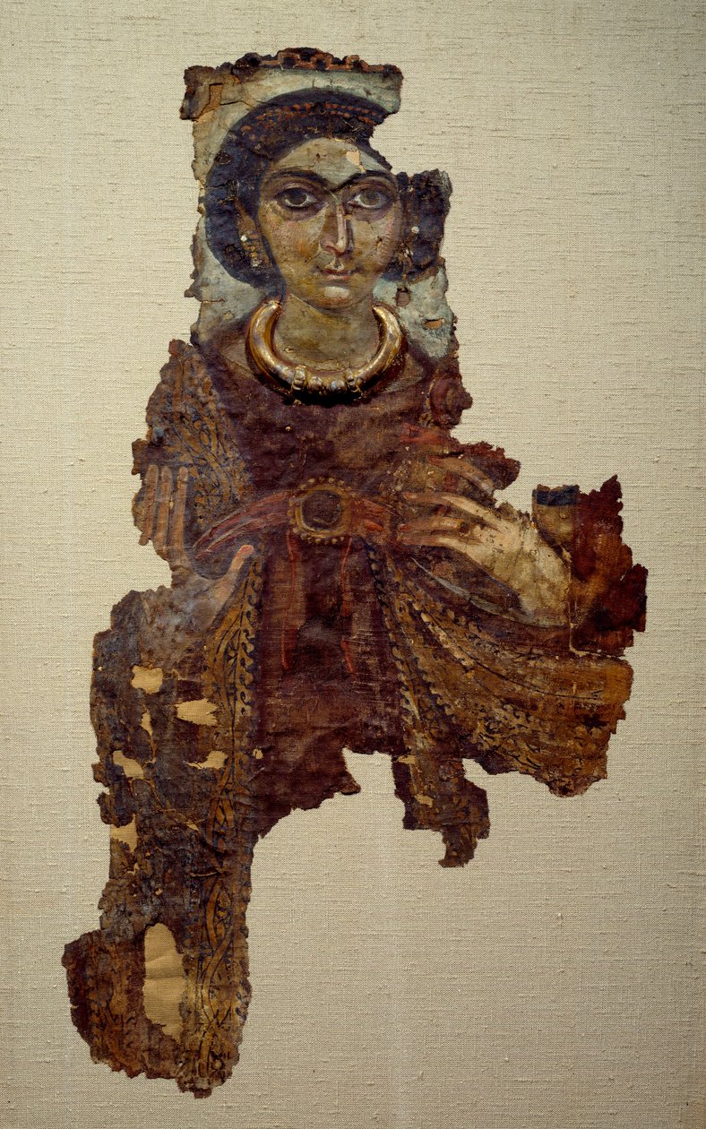 科普特艺术：女人的裹尸布，称为带十字架的女士。 亚麻画布上的绘画（公元 4 世纪） Antinoe。 作者 埃及学校