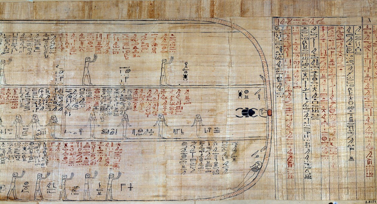 埃及古代。纸莎草纸取自《隐秘家园》。这本书是对太阳在夜间十二个小时内的地下旅程的评论性表述。首先绘制在皇家墓室的墙壁上，然后被誊写在 作者 埃及学校
