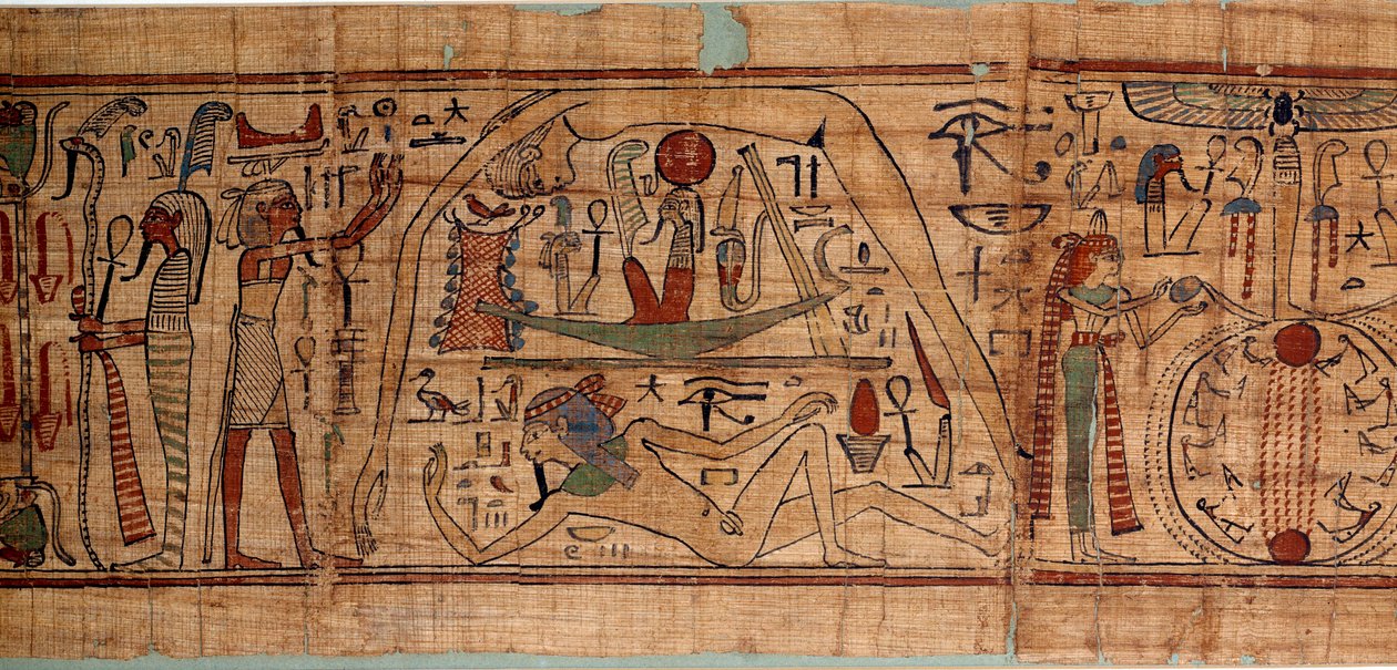 Egyptian antiquite allegory of the cosmos: mythological papyrus of Neskapashouty, accounting scribe of grains representing cosmogony, with Geb, Nout, Nephtys, Osiris. 1070-664 BC. 21st dynasty. Sun 2,7x0,27 m Paris, musee du Louvre 作者 埃及学校