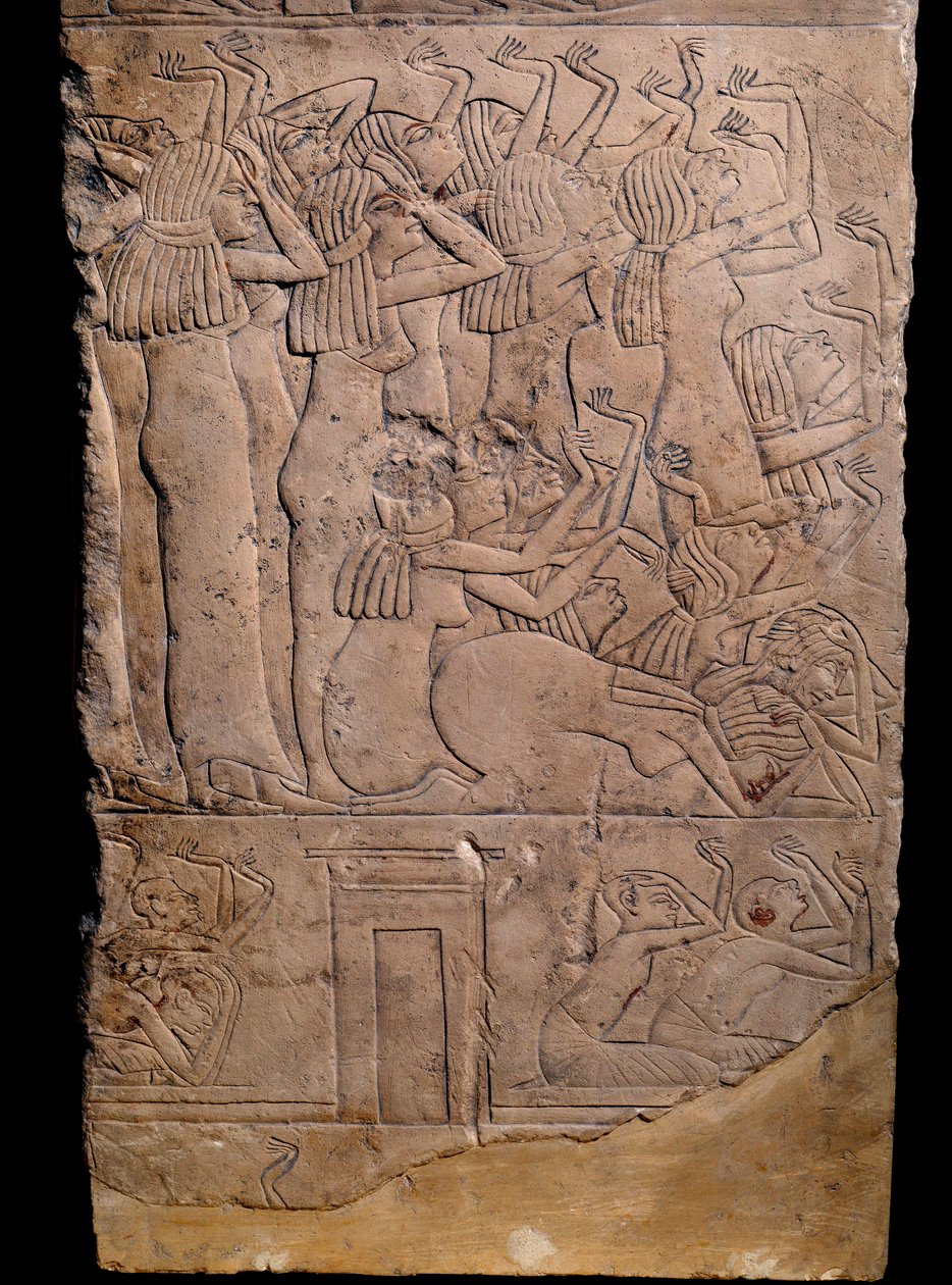 埃及古物：从霍雷姆赫布到萨卡拉（Sakkarah或Saqqara）的memphite墓，浮雕：霍雷姆赫布葬礼上的哭泣。第18王朝(约公元前1550-1295年) 作者 埃及学校